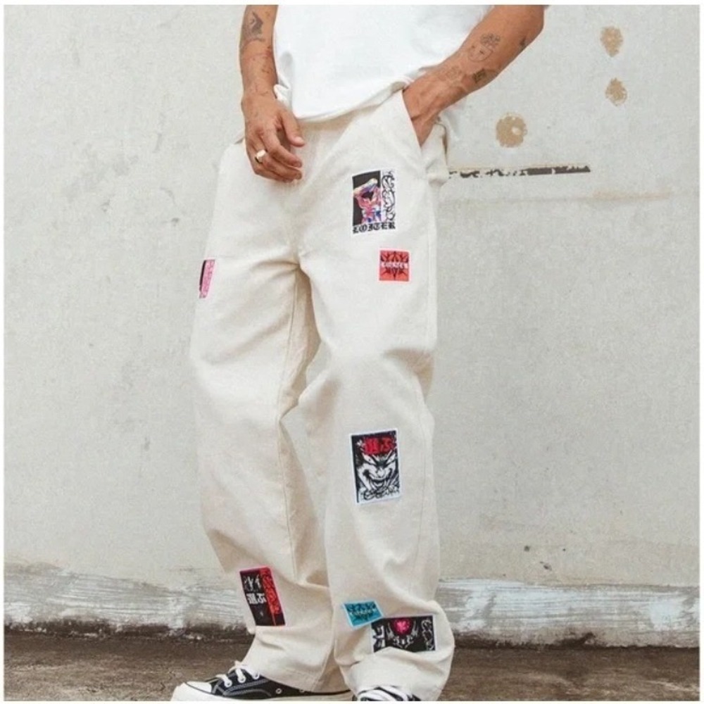 Loiter Patchwork High Waist Double Knee Pants Mens 28 Cream Streetwear Graphic